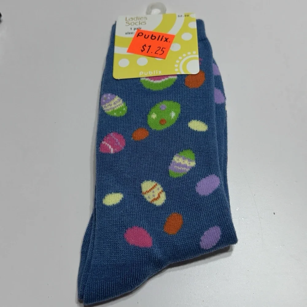 Lot 7 Easter Novelty Chick Print Crew Long Socks Various Sz 7-11 Egg Fun